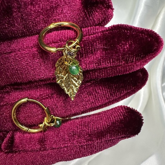 Stainless steel Gold Leaf Hoop Earrings with Green Accents - Picture 4 of 5